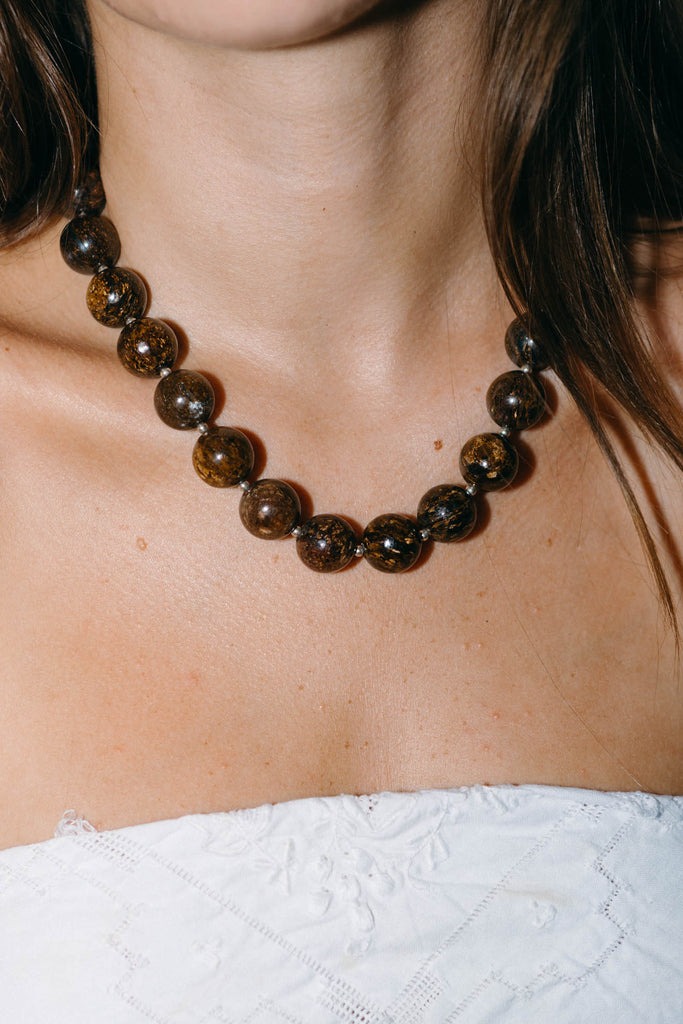 Heavy Bronzite & Sterling Beaded Necklace