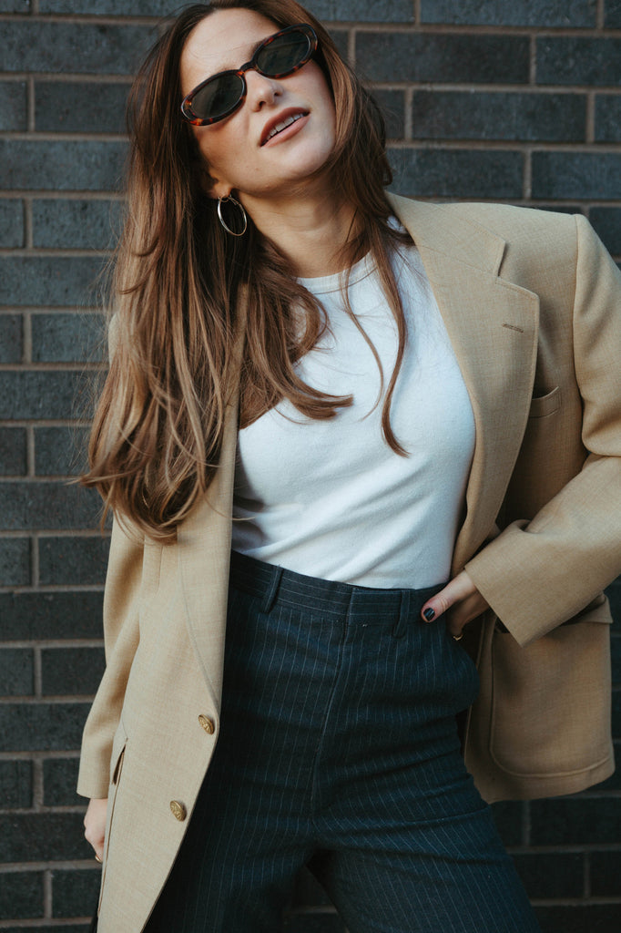 Wool Blend Tan Blazer with Gold Buttons