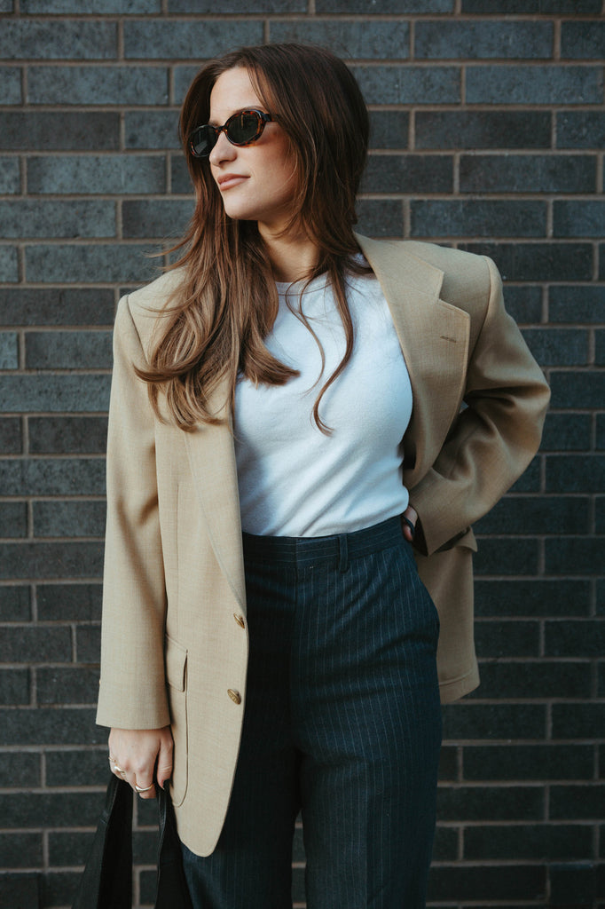 Wool Blend Tan Blazer with Gold Buttons